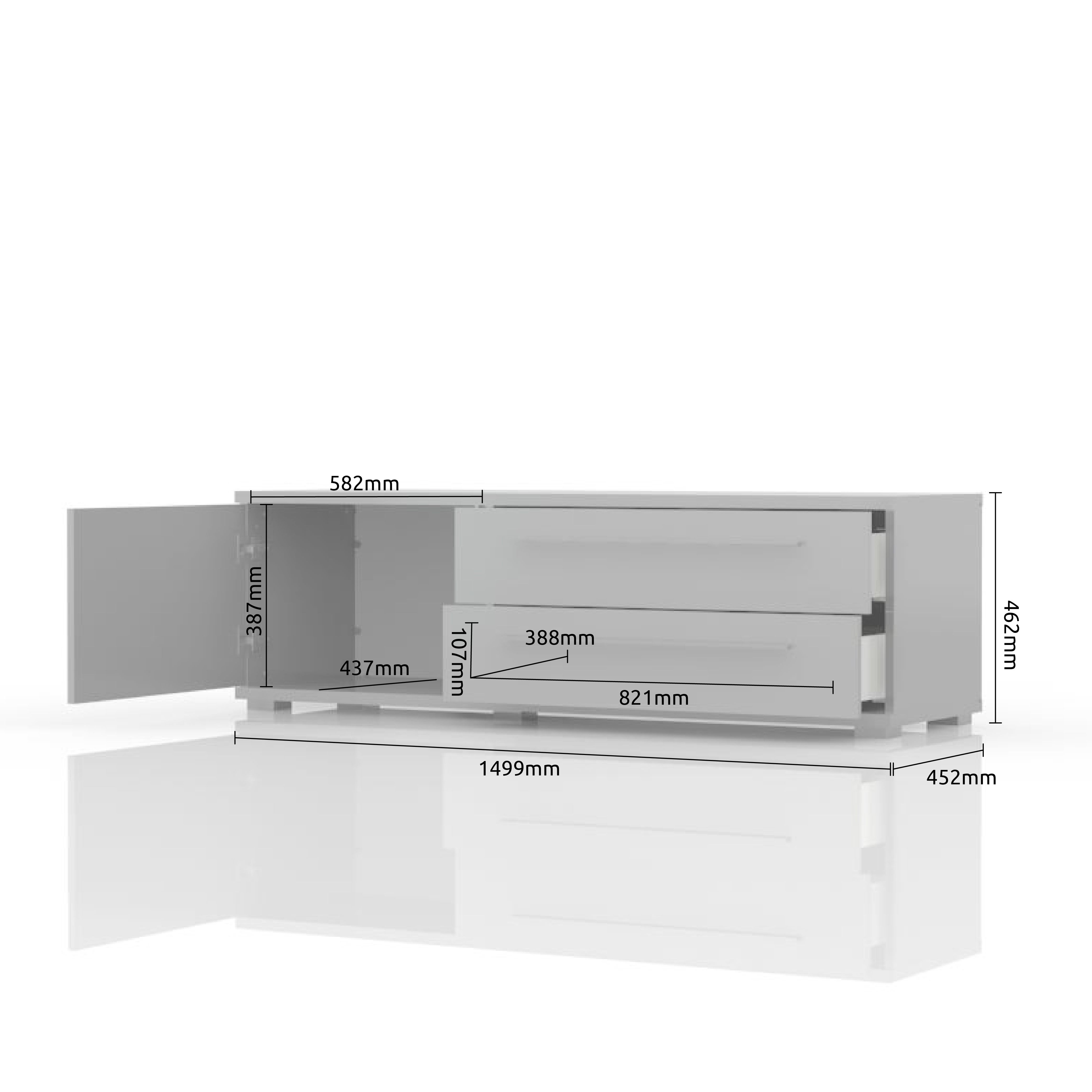 TV omarica PIANO TV150-1K2F/PN dimenzije