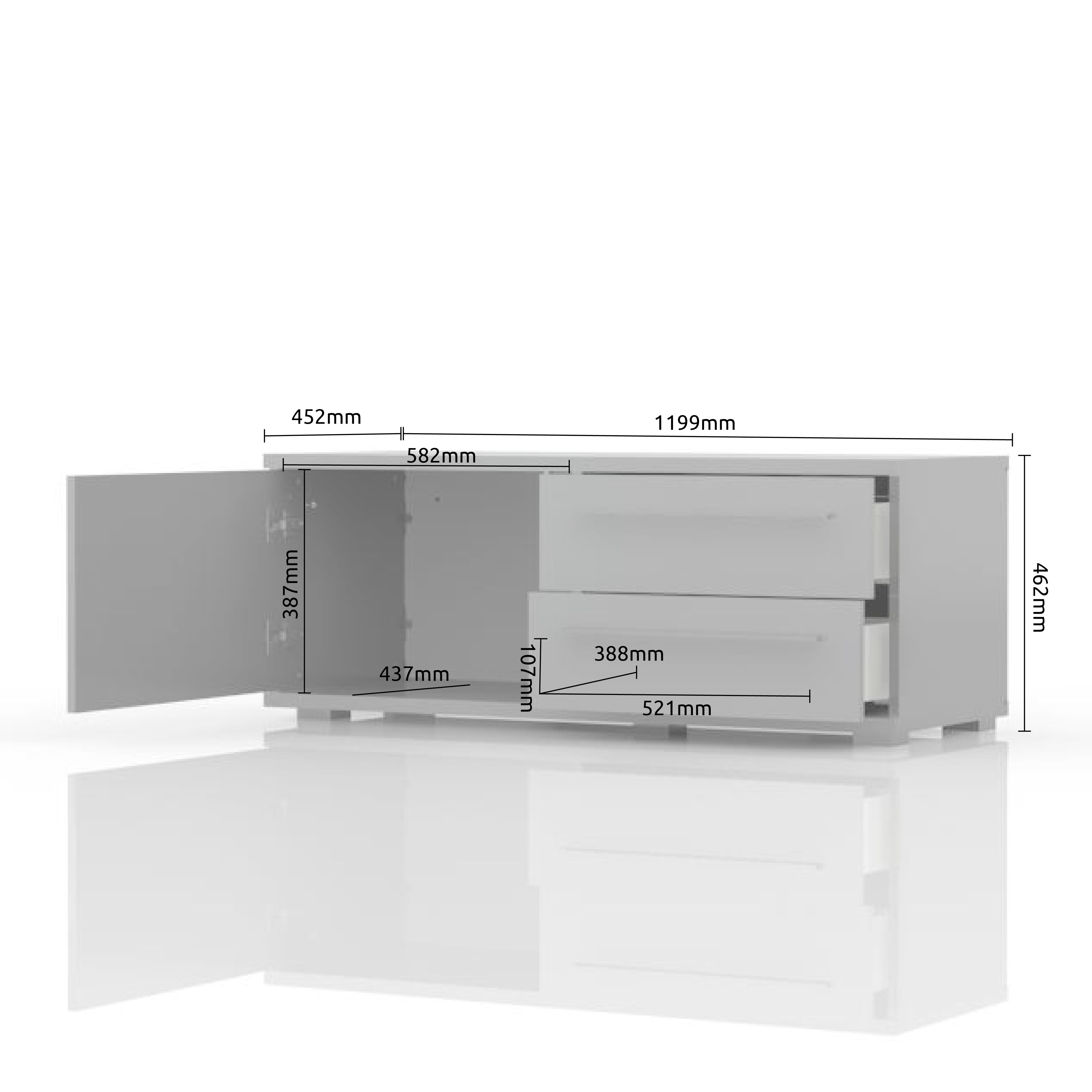 TV omarica PIANO TV120-1K2F/PN dimenzije